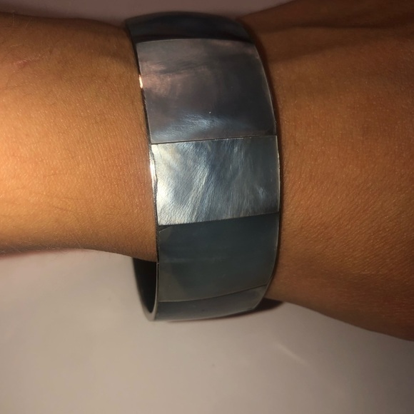 VTG Blue Mother of Pearl Square Tile Inlay Wide Bangle Silver Metal 8” C 2.6” D - Picture 2 of 6
